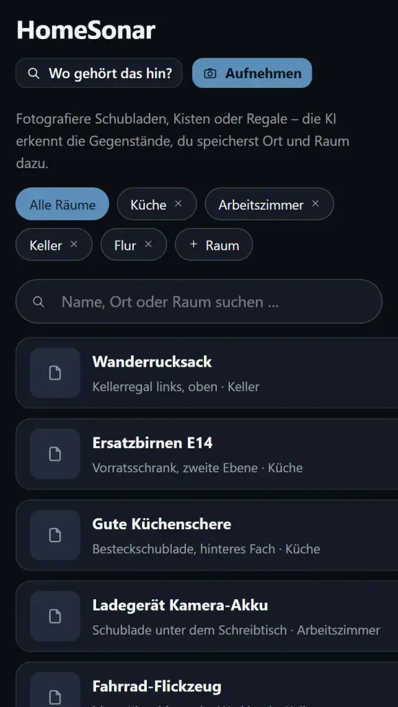 HomeSonar: Liste der erfassten Gegenstände mit Aufbewahrungsort, gefiltert nach Räumen