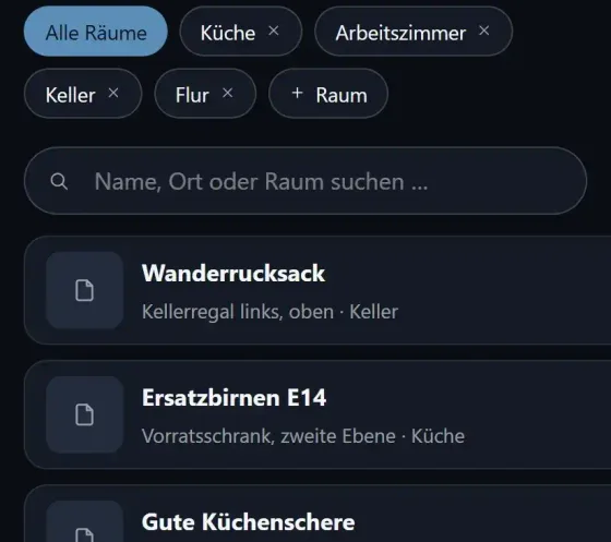 HomeSonar: Liste der erfassten Gegenstände mit Aufbewahrungsort und Raum