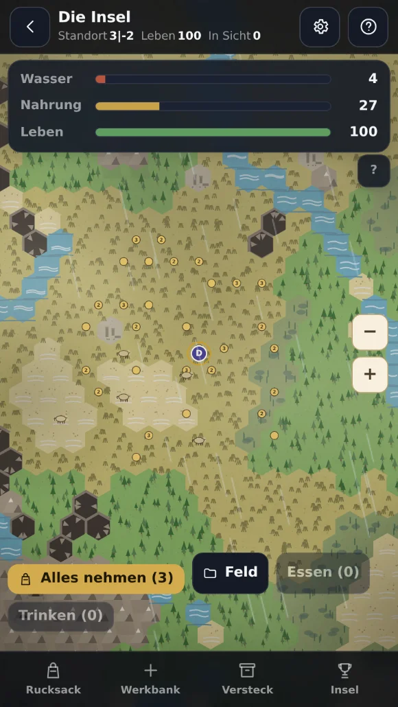 Terralons Imperium, die Insel: Sechseck-Karte mit Wald, Wiesen, Wasser und Fels im Morgenlicht, überall Beeren zum Sammeln und Tiere zum Jagen, die eigene Figur in der Mitte