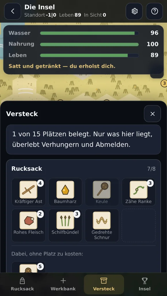 Terralons Imperium, Versteck-Blatt: Rucksack mit Ast, Keule, Ranke, rohem Fleisch und Schilf, daneben das Versteck mit eingelagerten Sachen