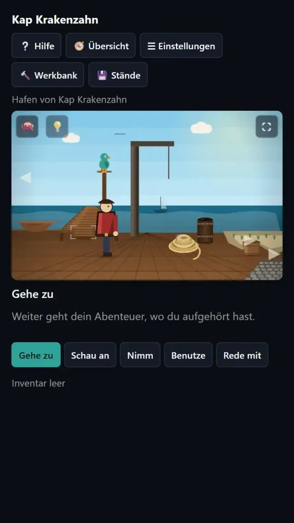 Kap Krakenzahn: Hafenszene mit Spielfigur, Papagei und Aktionsleiste