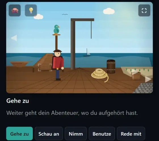 Kap Krakenzahn: Hafenszene des Point-and-Click-Adventures mit Spielfigur und Aktionsleiste