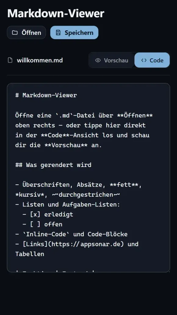Markdown Viewer: Code-Ansicht mit dem Markdown-Quelltext derselben Datei