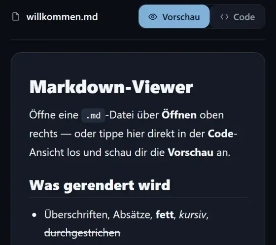 Markdown Viewer: gerenderte Vorschau einer Markdown-Datei mit Überschriften, Listen und Tabelle