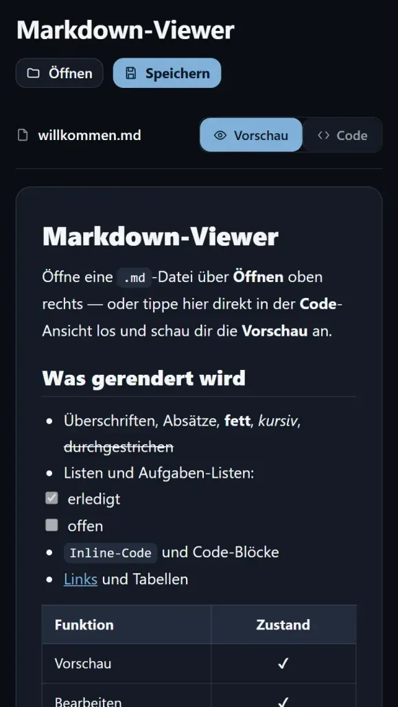 Markdown Viewer: gerenderte Vorschau mit Überschriften, Aufgaben-Liste und Tabelle