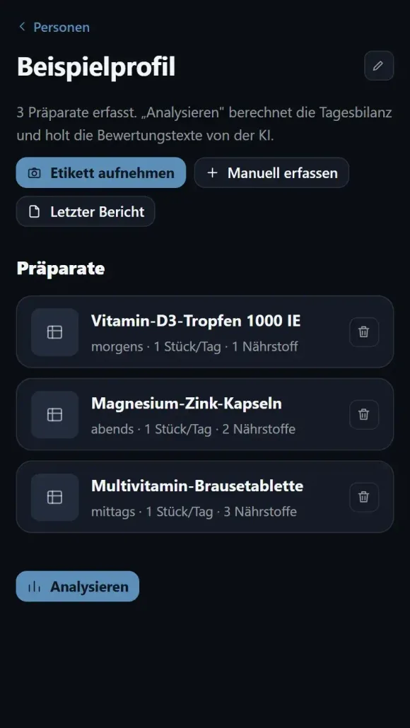 NutriSonar: Liste der erfassten Präparate mit Einnahmeschema