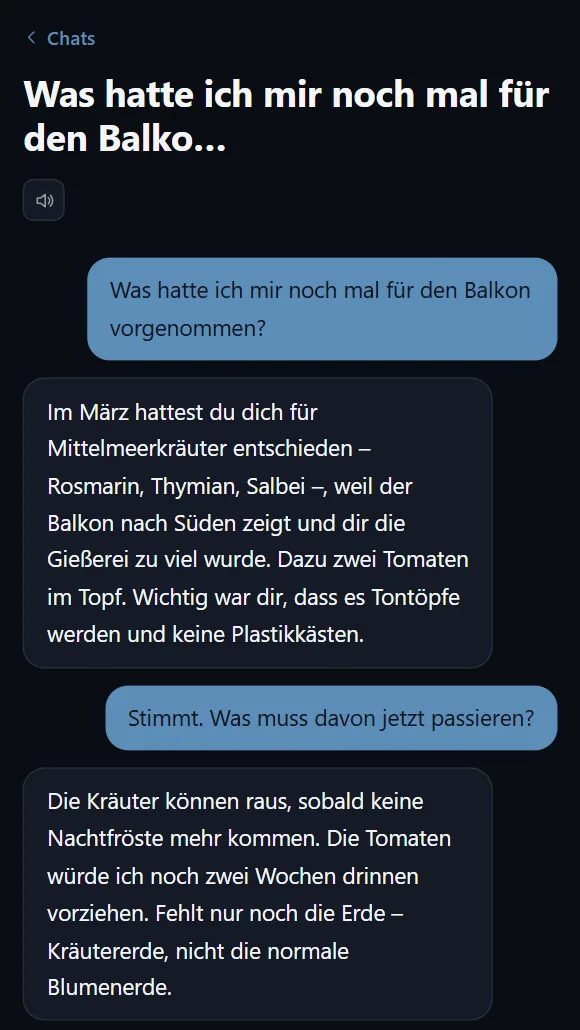SkillToRemember: Chat, in dem die Antwort auf eine frühere Entscheidung zurückgreift