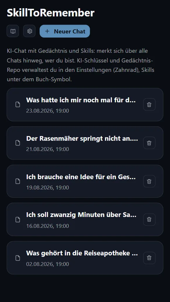 SkillToRemember: Liste der bisherigen Chats mit Titel und Datum