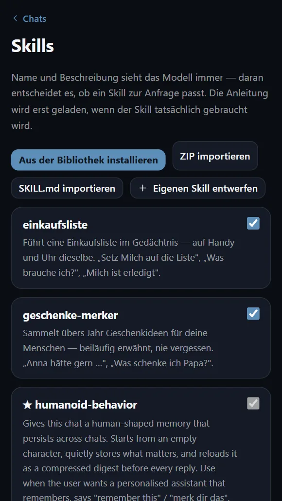 SkillToRemember: installierte Skills mit Name, Beschreibung und Schalter