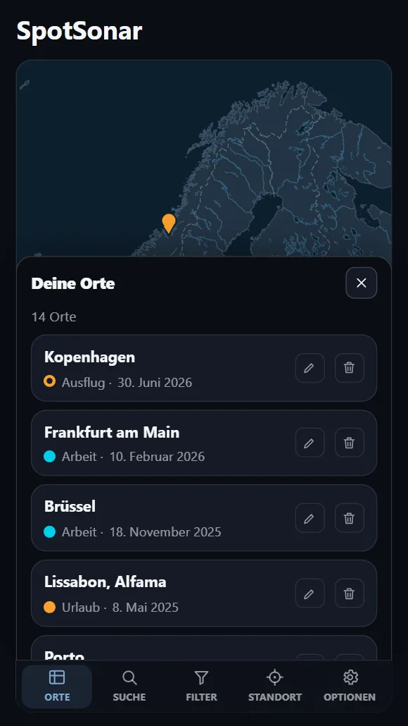 SpotSonar: Liste der gespeicherten Orte mit Kategorie und Besuchsdatum