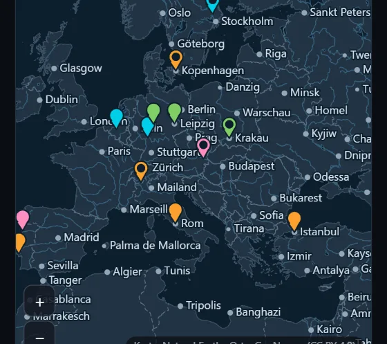 SpotSonar: Europakarte mit farbigen Stecknadeln für besuchte Orte