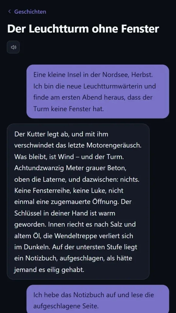 StoryTeller: Geschichtsverlauf mit Erzählabschnitten und eigenen Antworten