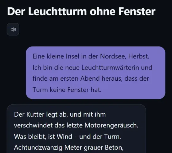 StoryTeller: Geschichte im Verlauf, Erzählabschnitte und eigene Antworten abwechselnd