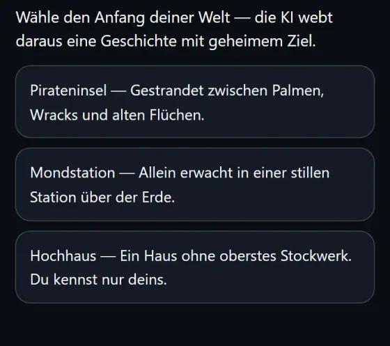 The LLM Adventure: Auswahl der drei Startwelten Pirateninsel, Mondstation und Hochhaus