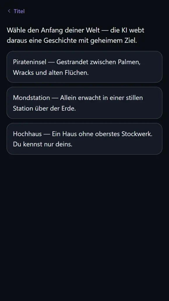 The LLM Adventure: Auswahl der Startwelten Pirateninsel, Mondstation und Hochhaus
